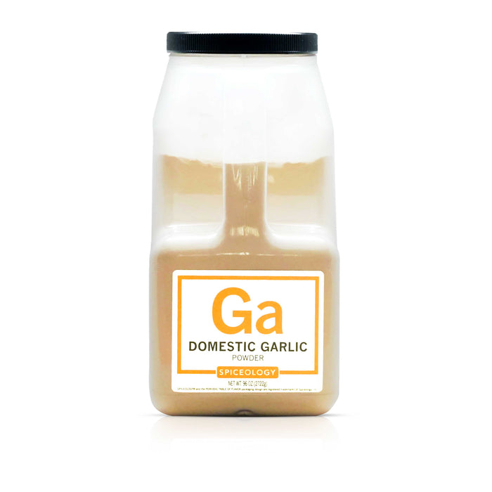 Spiceology garlic powder domestic bottle on a white background