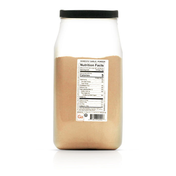 Back view of Spiceology garlic powder domestic bottle displaying nutrition facts and ingredient information.