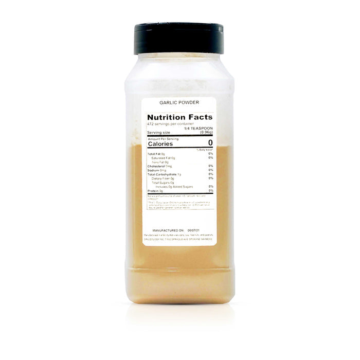 Back view of Spiceology imported garlic powder nutrition facts and ingredient information.