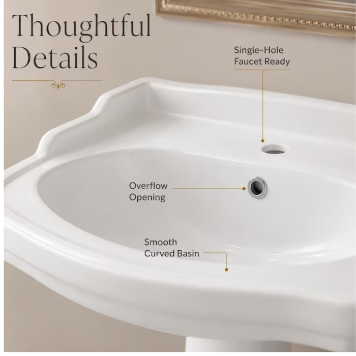Garvee White Ceramic Pedestal Bathroom Sink Smooth Glossy Finish Elegant