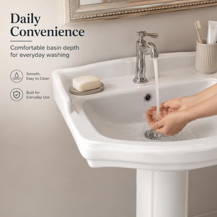 Garvee White Ceramic Pedestal Bathroom Sink Smooth Glossy Finish Elegant