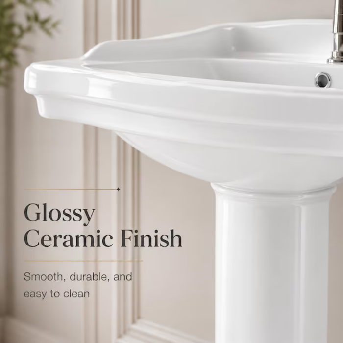 Garvee White Ceramic Pedestal Bathroom Sink Smooth Glossy Finish Elegant
