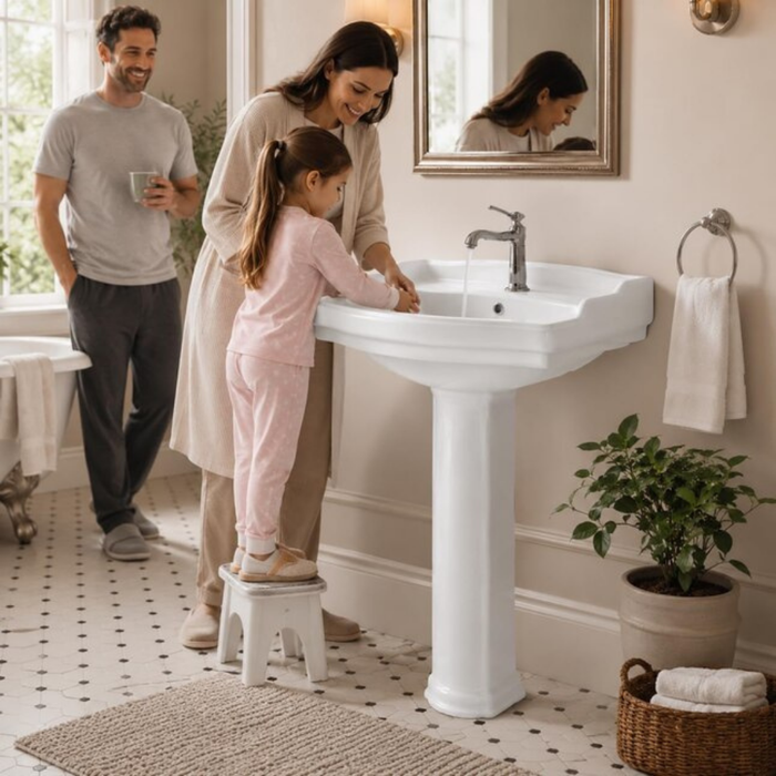 Garvee White Ceramic Pedestal Bathroom Sink Smooth Glossy Finish Elegant