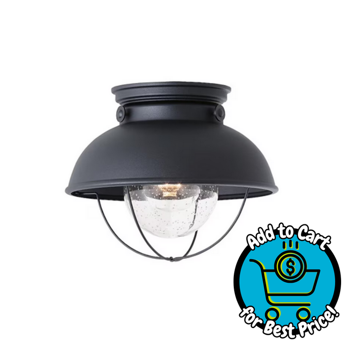 Generation Lighting Sebring 11.25-in Black Outdoor Semi flush Mount Light w/ Seeded Glass