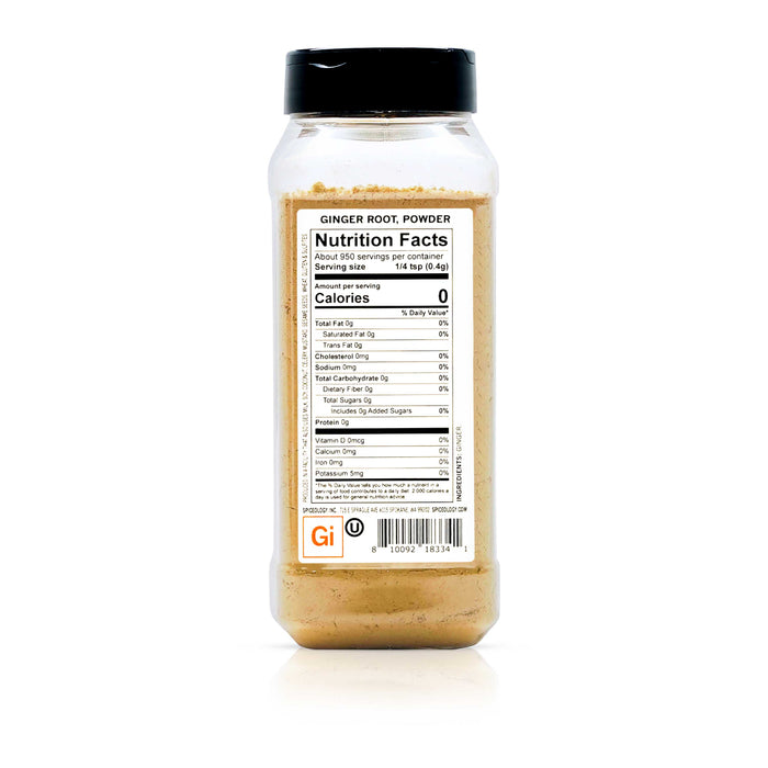 Back view of Spiceology ginger root powder nutrition facts and ingredient information.