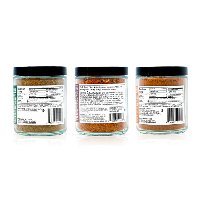 Three jars of Spiceology Global Bundle spice blends nutrition facts labels on a white background