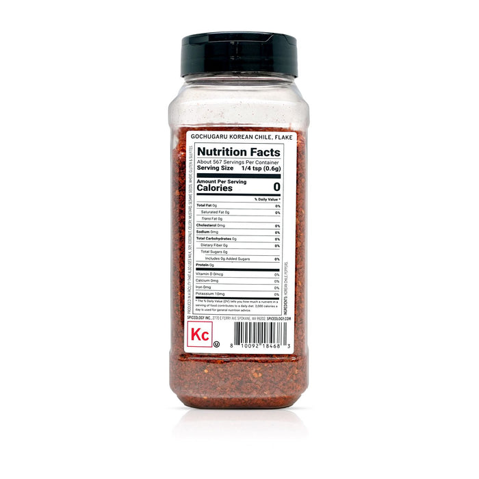 Back view of Gochugaru Korean Chile Flake bottle displaying nutrition facts and ingredient information.