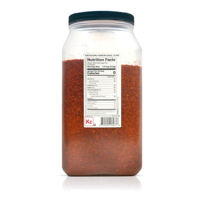 Back view of Gochugaru Korean Chile Flake bottle displaying nutrition facts and ingredient information.