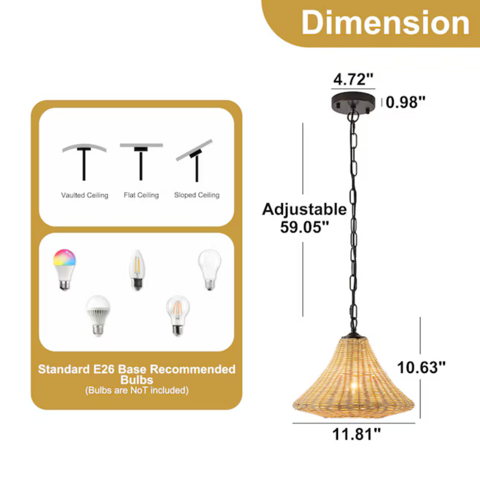 GoYeel 1 -Light Oil Rubbed Bronze Bohemian/global Rattan Bell Hanging Pendant Light