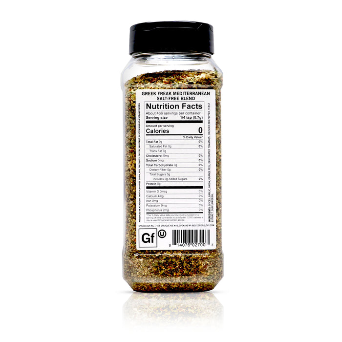 Back view of Spiceology Greek Freak Mediterranean Salt-Free Blend nutrition facts and ingredient information.