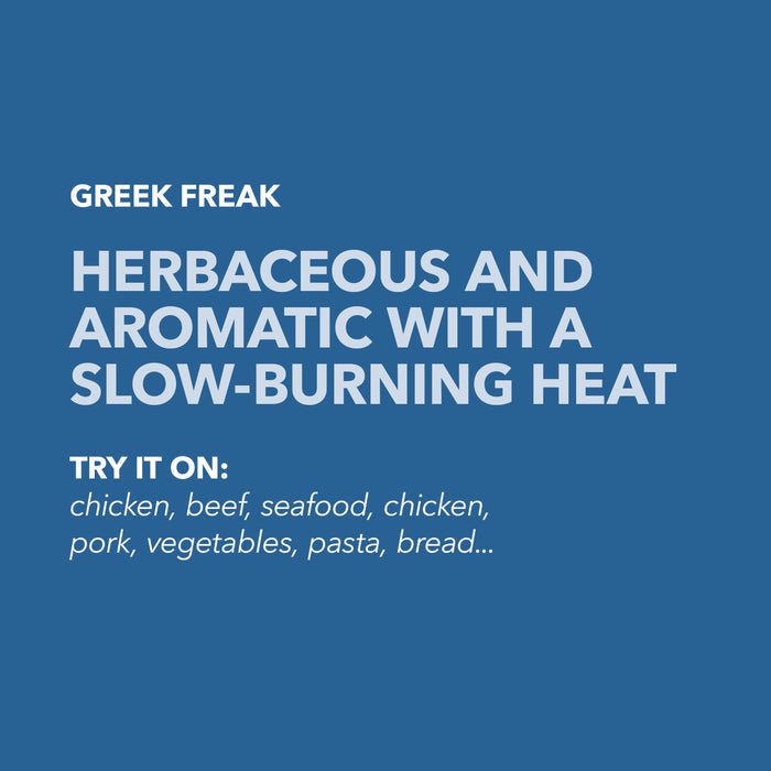Blue flavor profile card for Spiceology Greek Freak with headline Herbaceous and Aromatic with a Slow-Burning Heat and suggested uses including chicken, beef, seafood, pork, and pasta