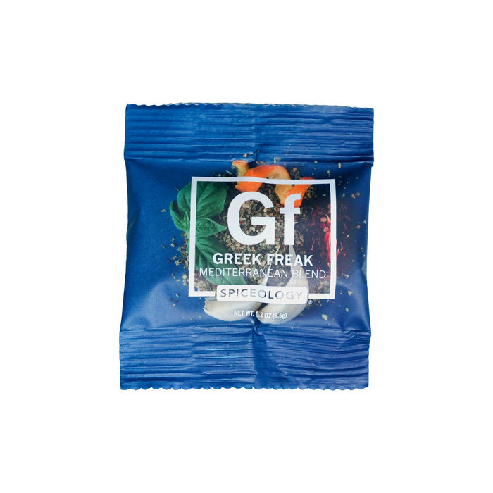 Blue Greek Freak Mediterranean Blend seasoning packet on a white background