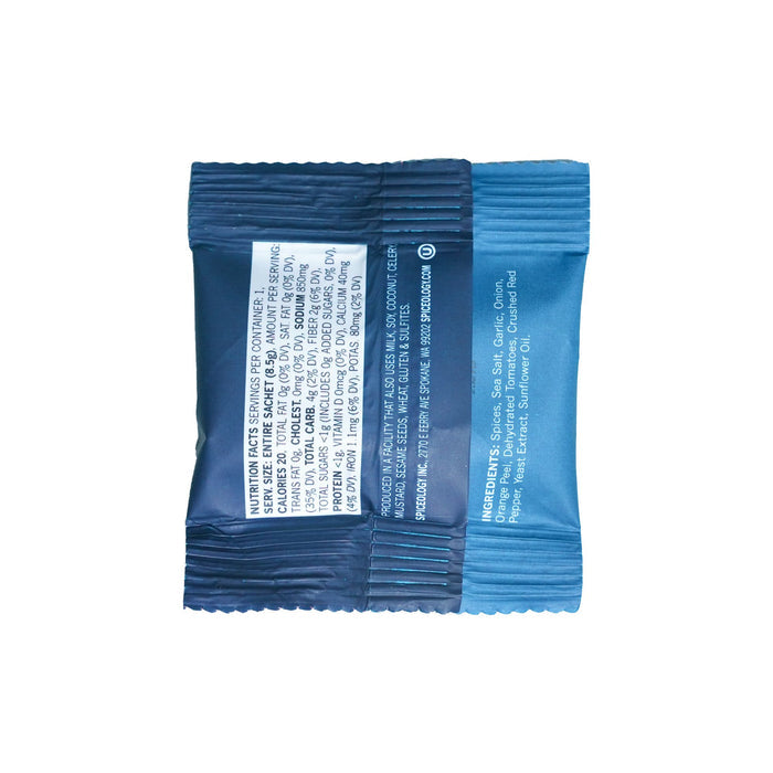 Back of blue packet of Greek Freak Mediterranean with white text on a white background