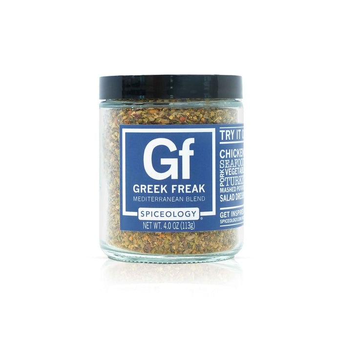 Jar of Spiceology greek freak mediterranean seasoning on a white background