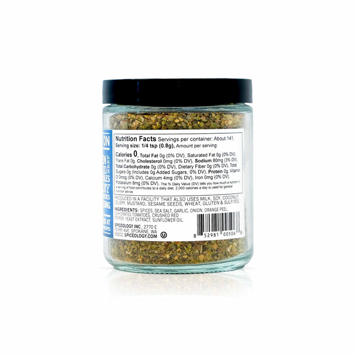 Back view of Spiceology greek freak mediterranean seasoning displaying nutrition facts and ingredient information.