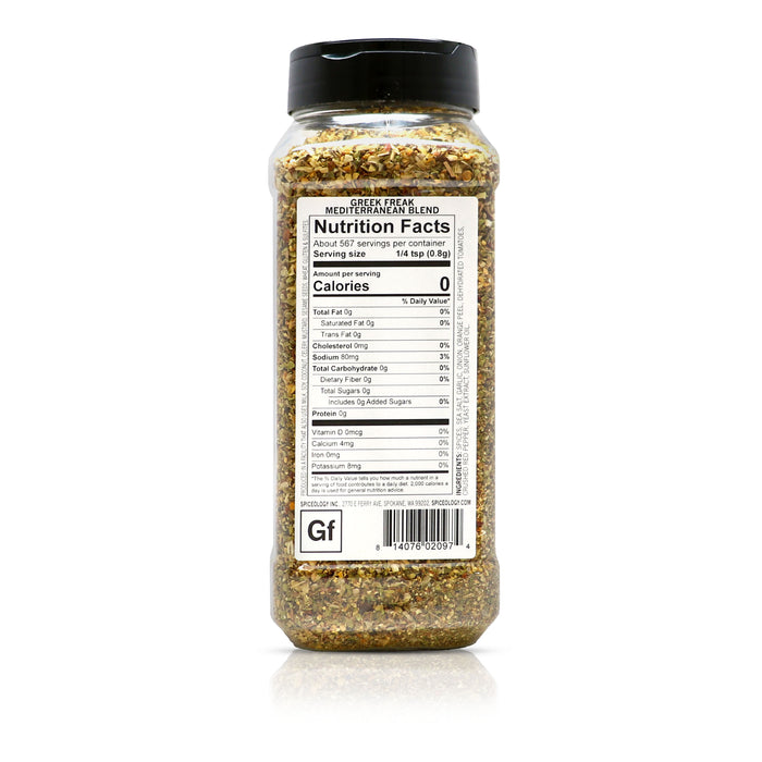 Back view of Spiceology Greek Freak Mediterranean blend nutrition facts and ingredient information.