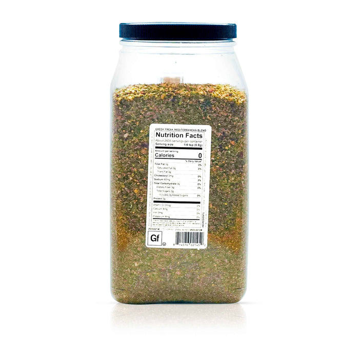 Back view of Spiceology greek freak mediterranean blend nutrition facts and ingredient information.