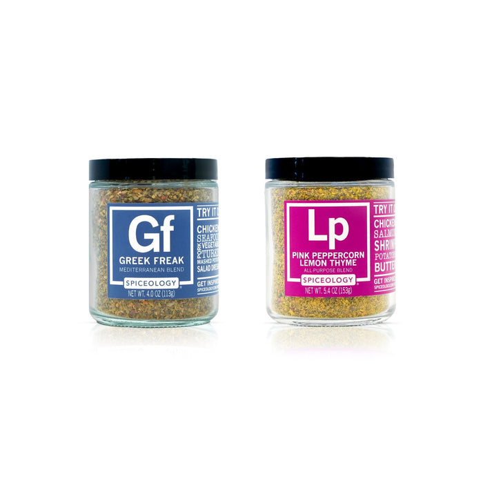 Two spice jars labeled 'Gf Greek Freak' and 'Lp Pink Peppercorn Lemon Thyme' on a white background