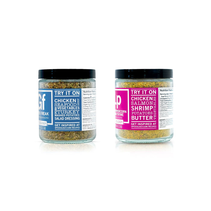 Two jars of seasoning with labels on a white background
