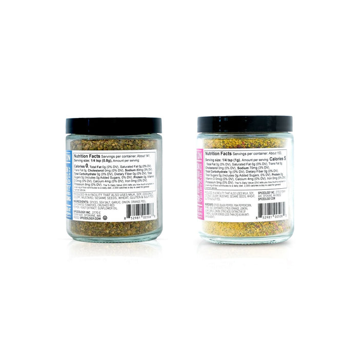 Two jars of seasoning displaying nutrition facts and ingredient information on a white background