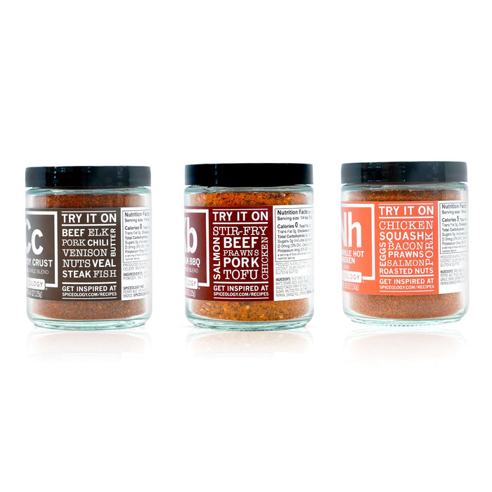 Three jars of Spiceology Holiday Bundle spice blends on a white background