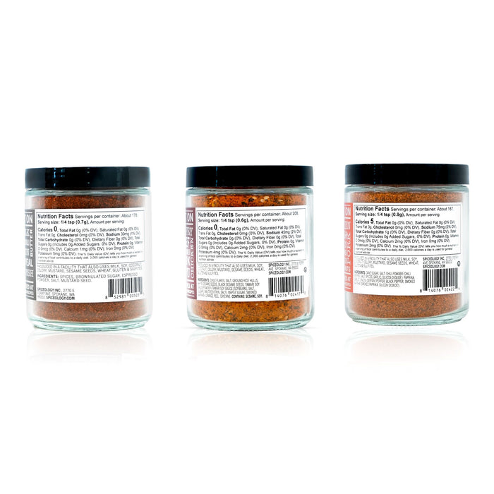 Three jars of Spiceology Grilling Bundle spice blends nutrition facts labels on a white background