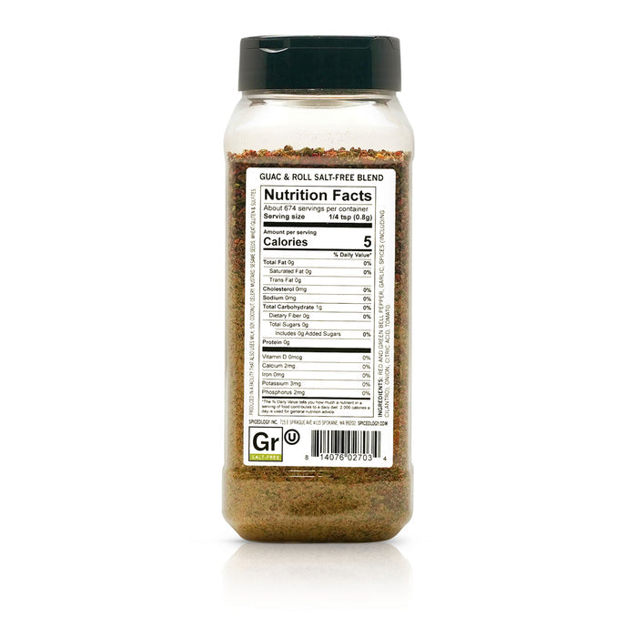 Back view of Spiceology Guac and Roll Salt Free Guacamole Blend nutrition facts and ingredient information.