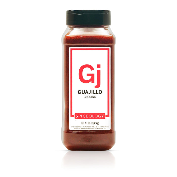 Bottle of Spiceology ground Guajillo Chile on a white background