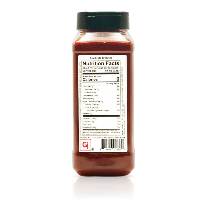 Back view of Spiceology Guajillo, Ground nutrition facts and ingredient information.