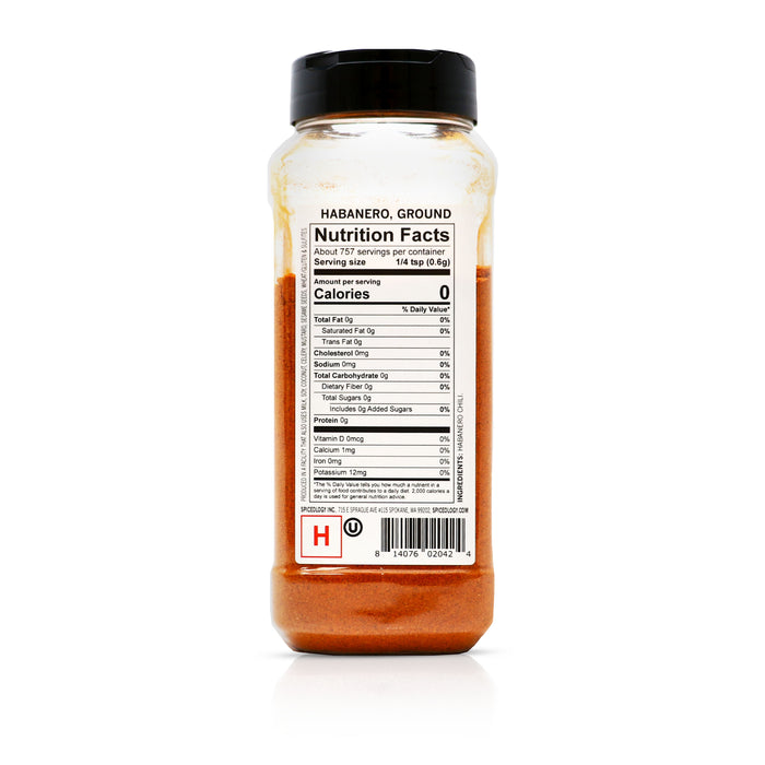 Back view of Spiceology Habanero, Ground nutrition facts and ingredient information.