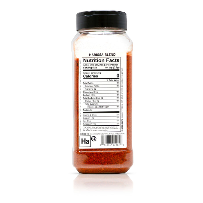 Back view of Spiceology Harissa Blend nutrition facts and ingredient information.