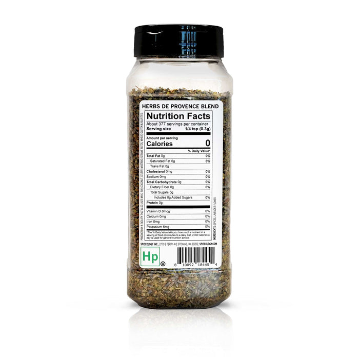 Back view of Herbs de Provence blend nutrition facts and ingredient information.