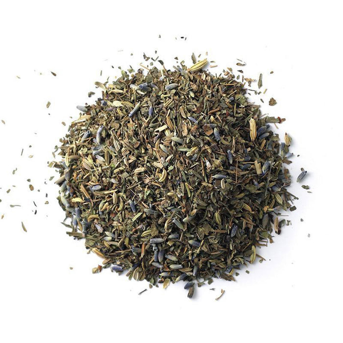 Closeup of green flakes with pale lavender petals mixed in