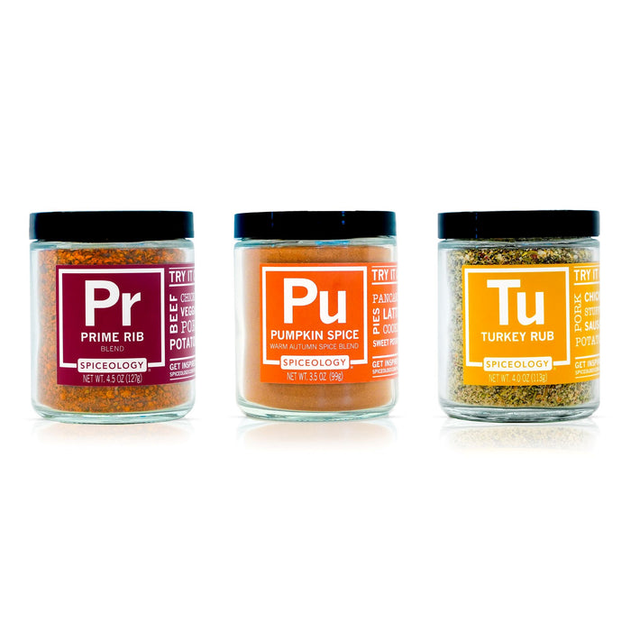 Three jars of Spiceology Holiday Bundle spice blends labeled Prime Rib bub, Pumpkin Spice and Turkey Rub on a white background