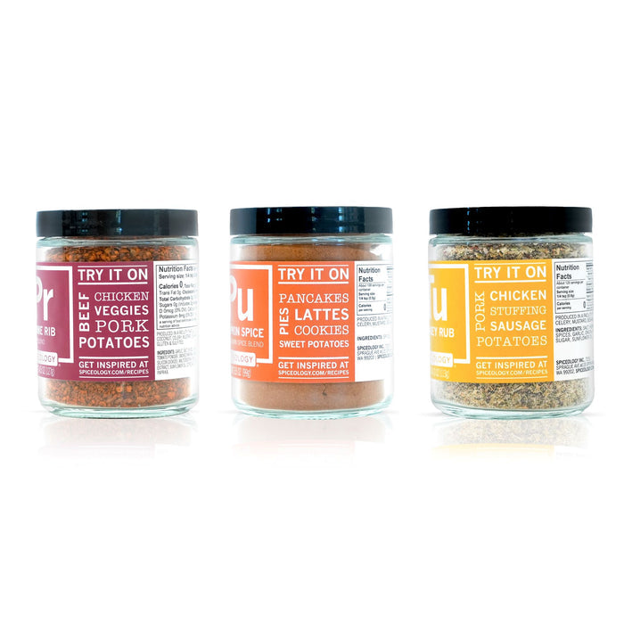Three jars of Spiceology Holiday Bundle spice blends on a white background