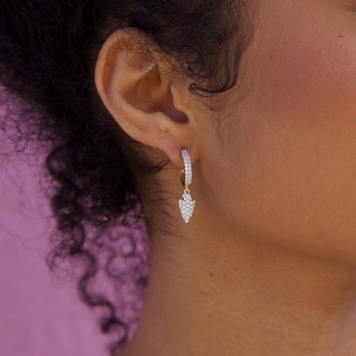 Iced Arrow Head Drop Hoop Huggie Earring - Yellow Gold