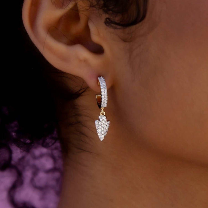 Iced Arrow Head Drop Hoop Huggie Earring - Yellow Gold