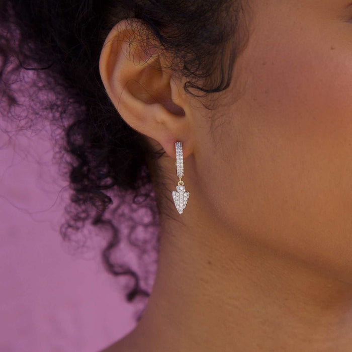 Iced Arrow Head Drop Hoop Huggie Earring - Yellow Gold