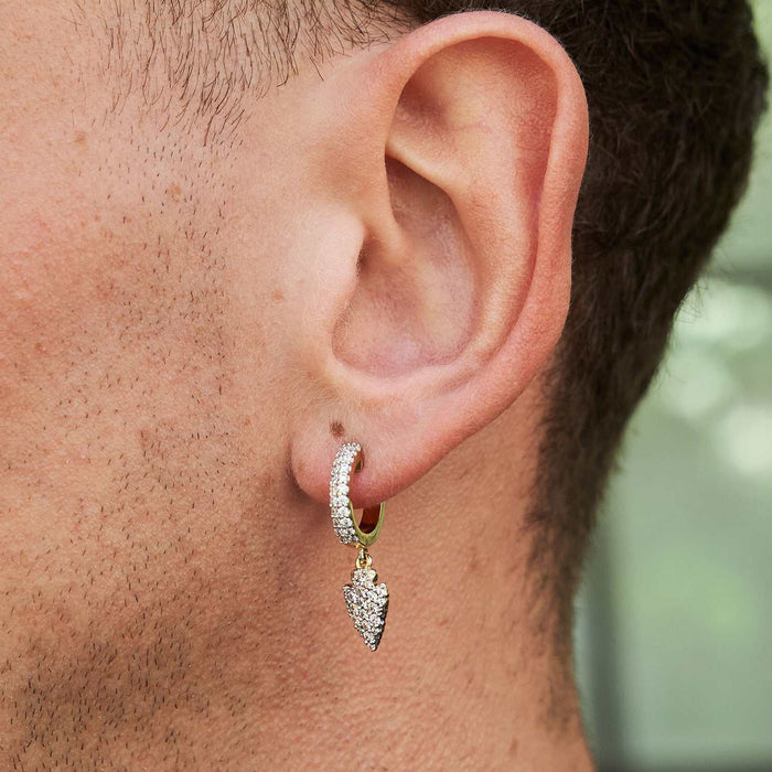 Iced Arrow Head Drop Hoop Huggie Earrings - Yellow Gold