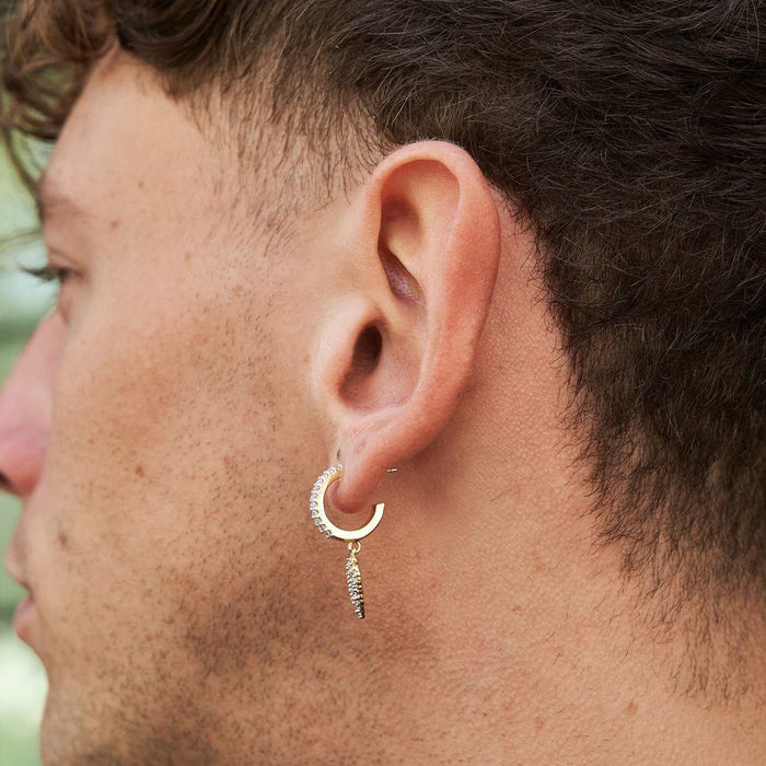 Iced Arrow Head Drop Hoop Huggie Earrings - Yellow Gold