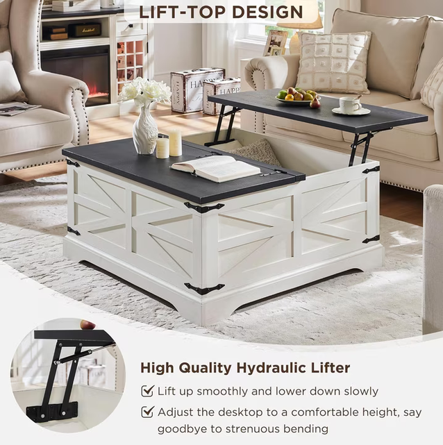 IFMUST Farmhouse Square Lift Top Coffee Table with Storage, White