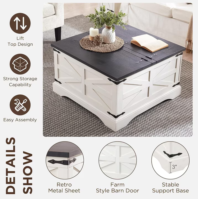 IFMUST Farmhouse Square Lift Top Coffee Table with Storage, White