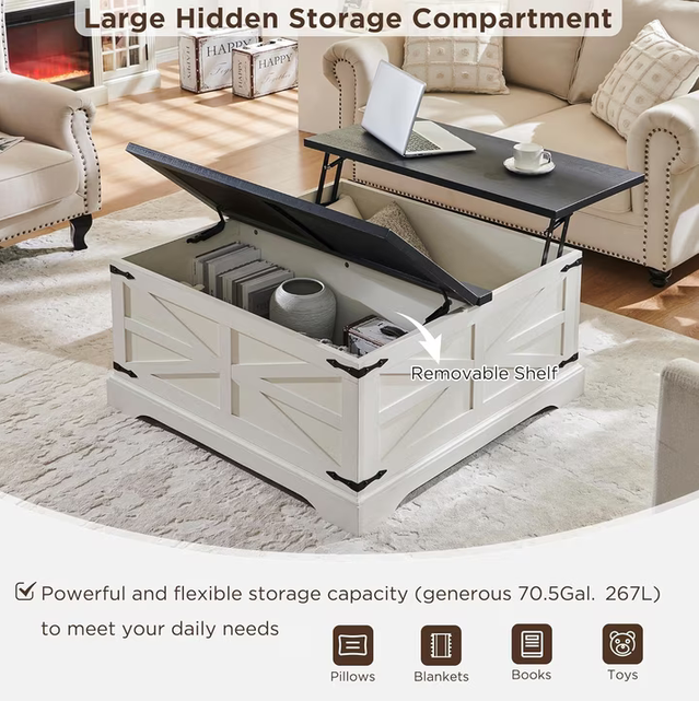 IFMUST Farmhouse Square Lift Top Coffee Table with Storage, White