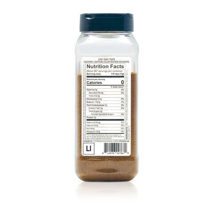 Back view of Spiceology Isaac Toups louisiana lightning cajun seafood seasoning on a white background