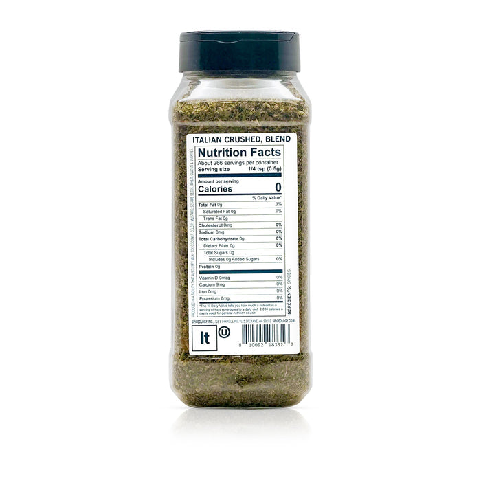 Back view of Spiceology Italian Crushed displaying nutrition facts and ingredient information.