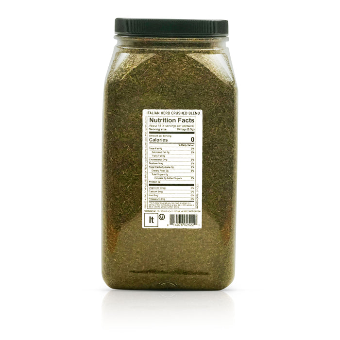 Back view of Spiceology Italian Herb Crushed blend nutrition facts and ingredient information.