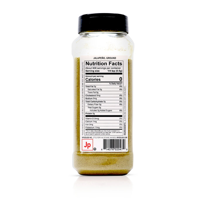 Back view of Spiceology Jalapeno, ground nutrition facts and ingredient information.
