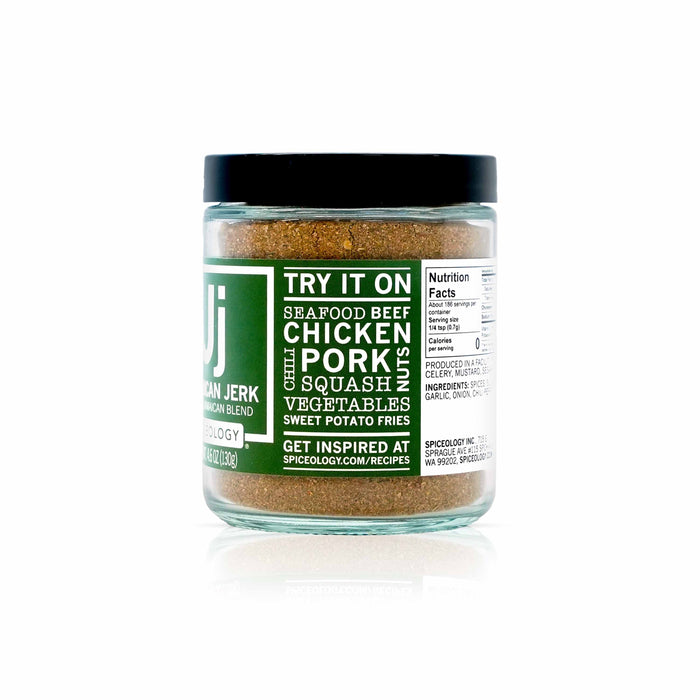 Side view of Spiceology jamaican jerk seasoning on a white background