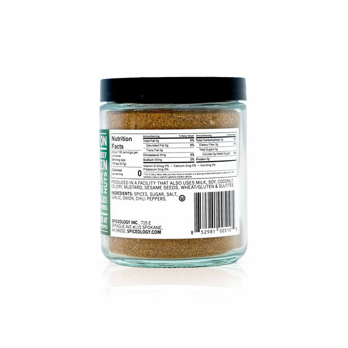 Back view of Spiceology jamaican jerk seasoning displaying nutrition facts and ingredient information