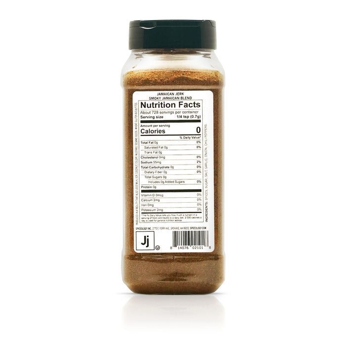 Back view of Spiceology Jamaican Jerk Smokey Jamaican Blend nutrition facts and ingredient information.